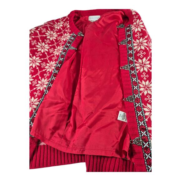 Casual Corner Red White Black Fair Isle Nordic Lined Vintage Lambswool Sweater L - Picture 3 of 6